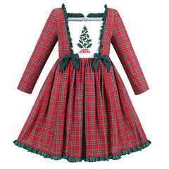 Girls Dress Red Christmas Tree Plaid Checks Vintage Bow Tie Square Neck Size 6-12 Years
