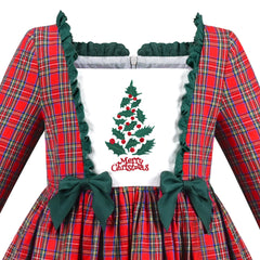 Girls Dress Red Christmas Tree Plaid Checks Vintage Bow Tie Square Neck Size 6-12 Years