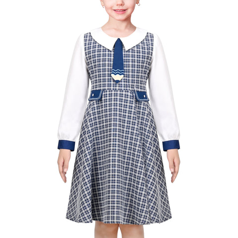 Girls Dress Blue White Pencil Tie Check Plaid School Casual Long Sleeve Size 6-12 Years