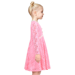 Girls Dress Pink Lace Princess V-neck Wedding Party Formal Long Sleeve Size 6-12 Years