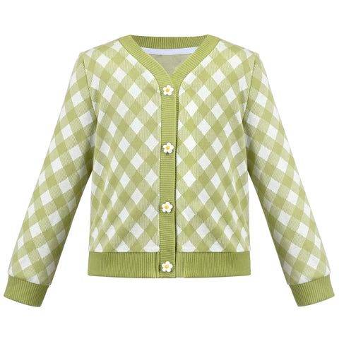 Girls Dress Green Plaid Flower Button Knit Long Sleeve Warm Winter Casual Size 4-10 Years