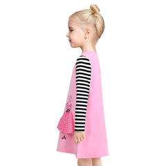 Girls Dress Pink Cartoon Lady Walking Dog Embroidery Plaid Long Sleeve Size 4-8 Years
