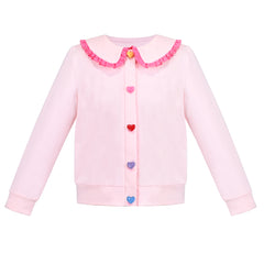 Girls Pink Top Tee Heart Button Ruffle Collar Long Sleeve Casual Size 4-10 Years