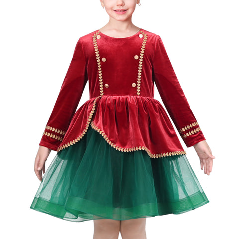 Girls Dress Red Green Christmas Nutcracker Uniform Korean Velvet Size 6-12 Years