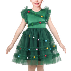 Girls Dress Green Christmas Tree Mesh Poms Ruffle Bow Party Size 5-10 Years