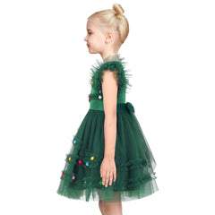 Girls Dress Green Christmas Tree Mesh Poms Ruffle Bow Party Size 5-10 Years