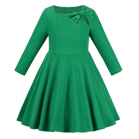 Girls Dress Green Ribbed Knit Square Neck Pearl Knot Casual Winter Long Size 6-12 Years