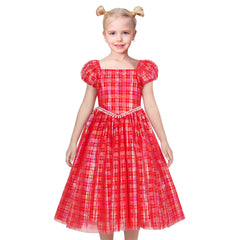 Girls Dress Red Gradient Color Check Plaid Puff Sleeve Christmas Size 7-14 Years
