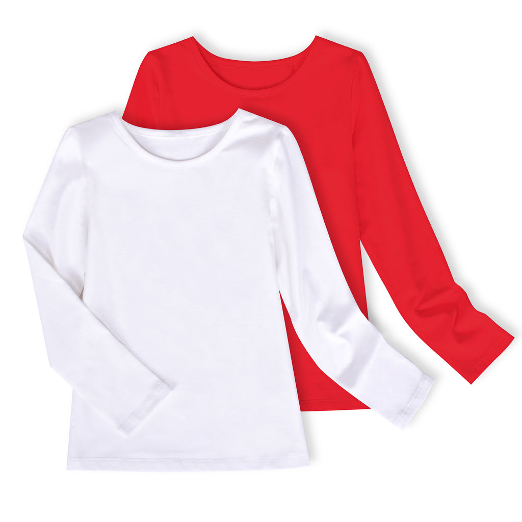 Girls Tee 2 Piece Red White Basic Layering Top Crewneck Cotton Size 4-10 Years