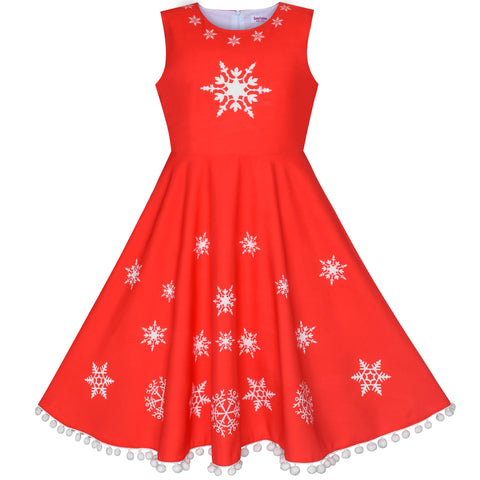 Girls Dress Red Snowflake Bow Tie Christmas Party Holiday Sleeveless Size 4-14 Years