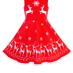 Girls Dress Red Reindeer Elk Bow Tie Christmas Party Winter Sleeveless Size 4-14 Years