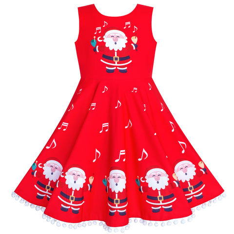 Girls Dress Red Santa Claus Printed Christmas Party Winter Holiday Size 4-14 Years