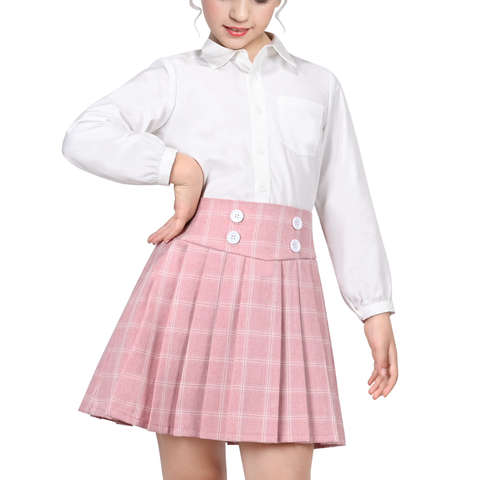 Girls Skirt Set White Shirt Pink Grid Plaid Pleated School Tennis Casual Size 6-14 Years