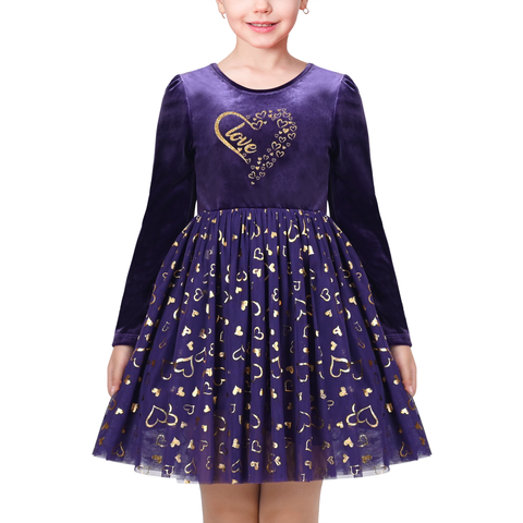 Girls Dress Purple Velvet Love Heart Crewneck Valentine's Day Holiday Size 4-8 Years
