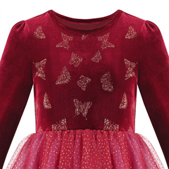 Girls Dress Red Velvet Butterfly Rhinestone Tulle Holiday Party Pageant Size 6-12 Years