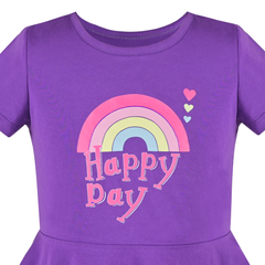 Girls Dress Purple Rainbow Heart Happy Day Cotton Short Sleeve Casual Size 6-12 Years