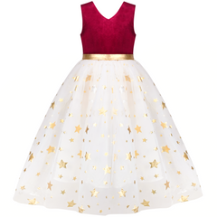 Girls Dress Red Vintage V-neck Hollow Back Gold Star Bow Tie Tulle Size 6-12 Years