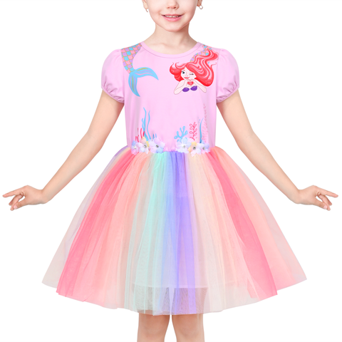 Girls Dress Pink Rainbow Mermaid Princess Puff Sleeve Tulle Casual Size 4-8 Years