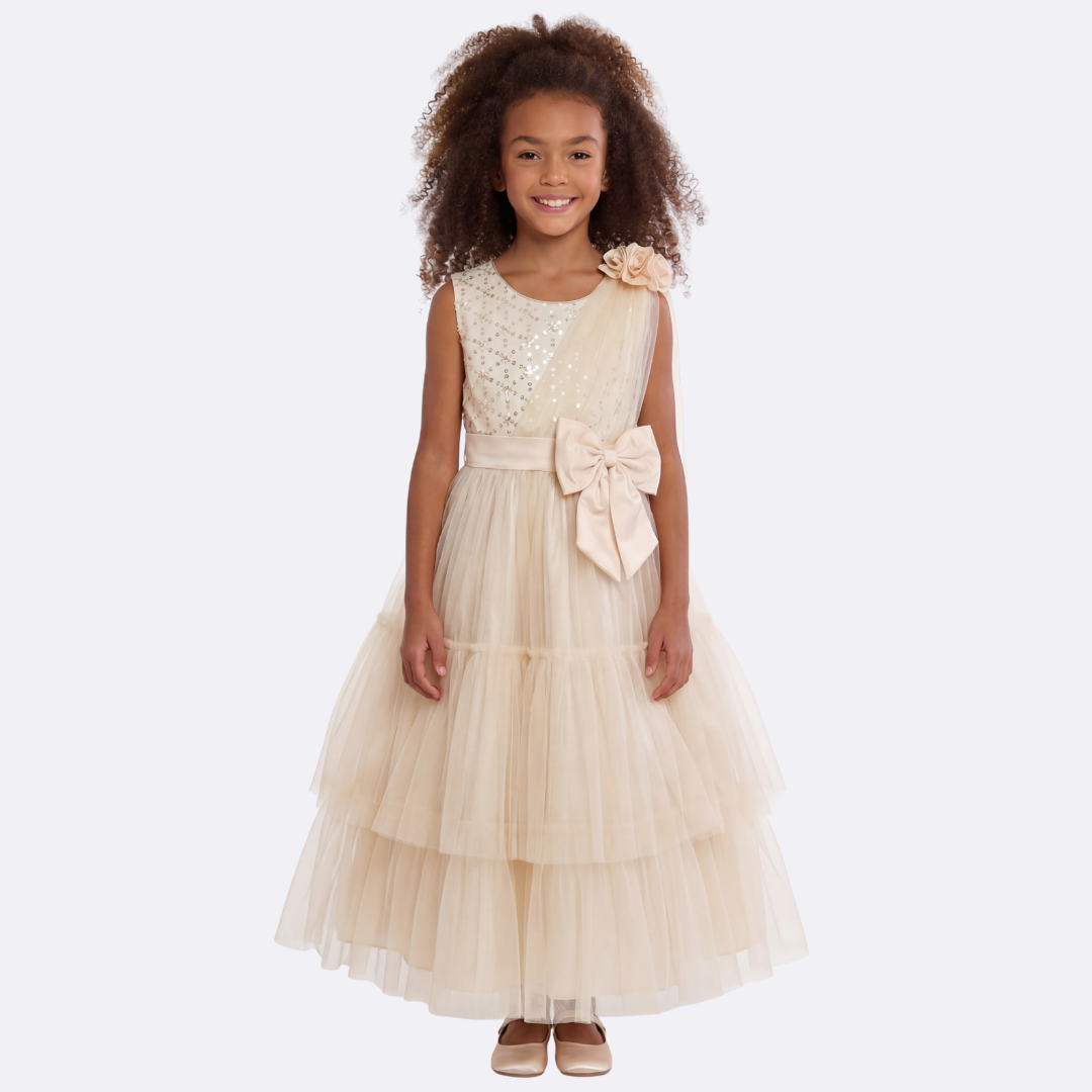 Sunny Fashion Girls Beige Floral One Shoulder Tulle Princess Dress