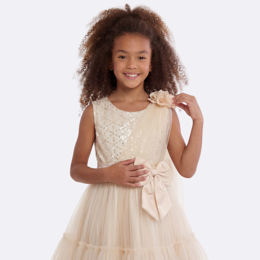 Sunny Fashion Girls Beige Floral One Shoulder Tulle Princess Dress