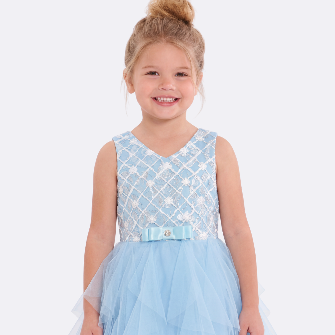 Sunny Fashion Girls Blue Grid Mesh Ruffle Tulle Princess Dress