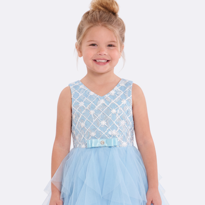 Sunny Fashion Girls Blue Grid Mesh Ruffle Tulle Princess Dress