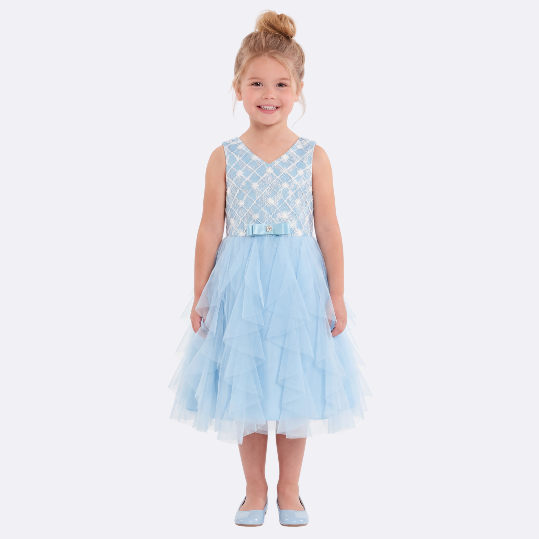 Sunny Fashion Girls Blue Grid Mesh Ruffle Tulle Princess Dress