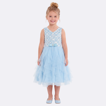Sunny Fashion Girls Blue Grid Mesh Ruffle Tulle Princess Dress