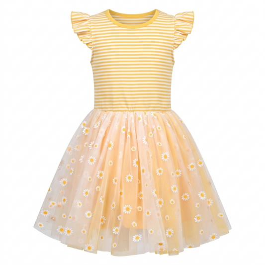 Sunny Fashion Girls Yellow Striped Cotton Dress with Daisy Tulle Skirt