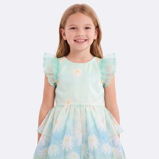 Sunny Fashion Girls Mint Green Daisy Tulle Dress with Ruffle Sleeves