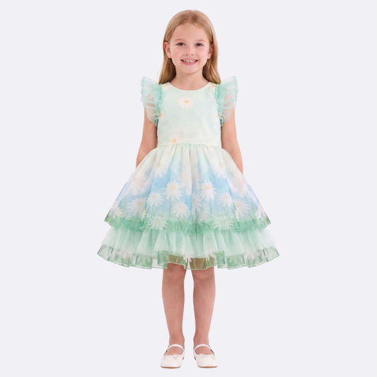 Sunny Fashion Girls Mint Green Daisy Tulle Dress with Ruffle Sleeves
