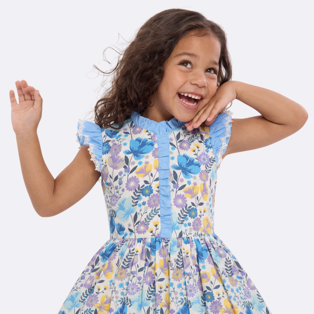 Sunny Fashion Girls Blue Botanical Floral Dress with Ruffle Collar