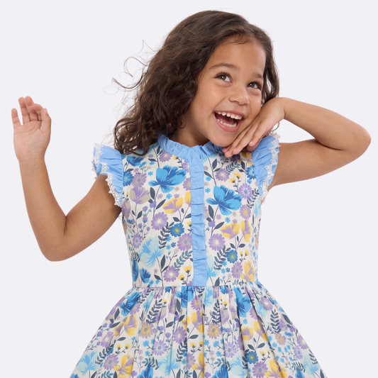 Sunny Fashion Girls Blue Botanical Floral Dress with Ruffle Collar