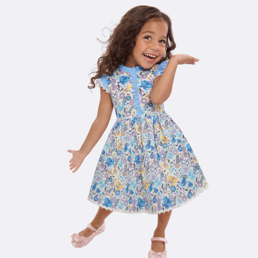 Sunny Fashion Girls Blue Botanical Floral Dress with Ruffle Collar