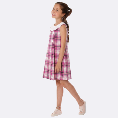 Sunny Fashion Girls Pink Plaid A-Line Dress with Bow Tie Collar