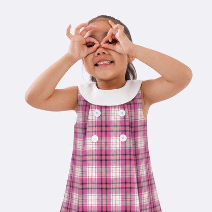 Sunny Fashion Girls Pink Plaid A-Line Dress with Bow Tie Collar