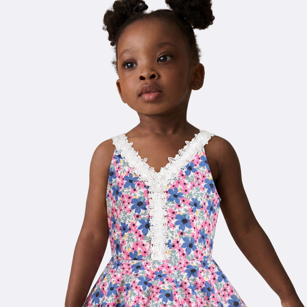 Sunny Fashion Girls Blue Floral Cotton A-Line Dress with Lace V-Neck Trim