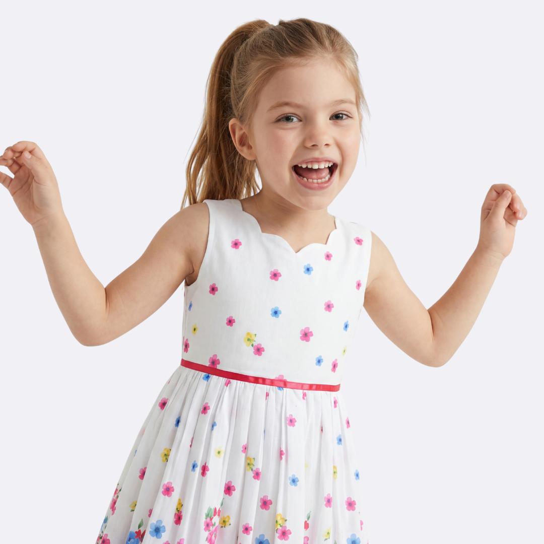 Sunny Fashion Girls White Floral Garden Dress with Pink Waist Detail