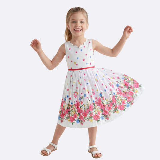 Sunny Fashion Girls White Floral Garden Dress with Pink Waist Detail