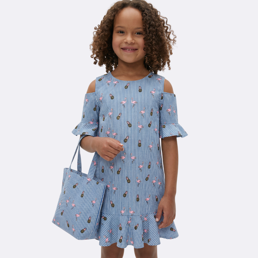 Sunny Fashion Girls Blue Cold Shoulder Cotton Dress with Bell Sleeves
