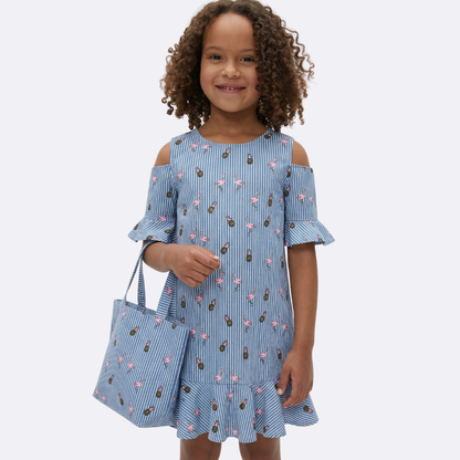 Sunny Fashion Girls Blue Cold Shoulder Cotton Dress with Bell Sleeves