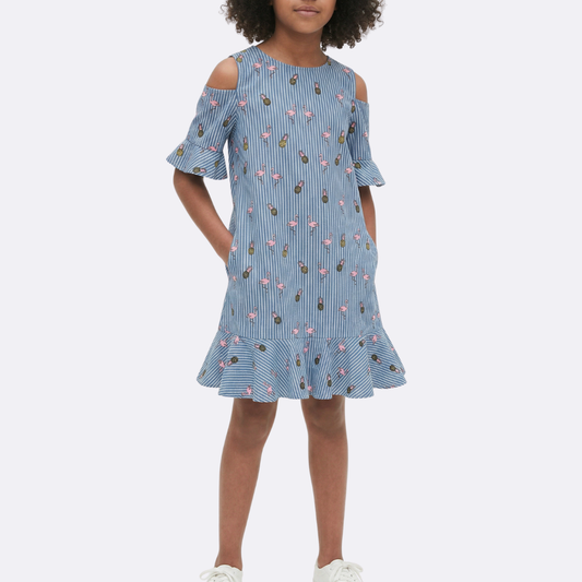 Sunny Fashion Girls Blue Cold Shoulder Cotton Dress with Bell Sleeves