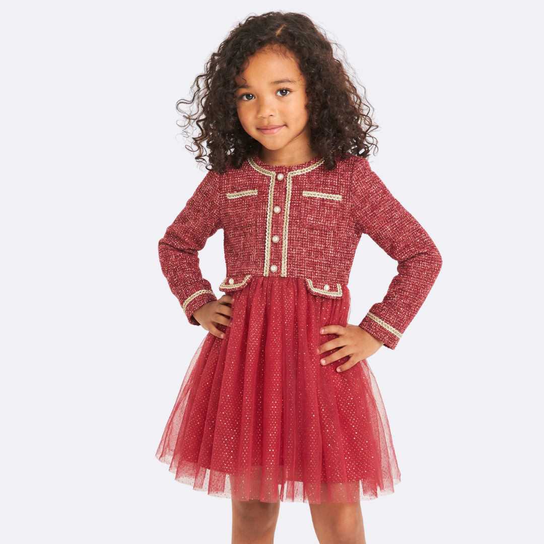 Sunny Fashion Girls Elegant Red Tweed Tulle Party Dress