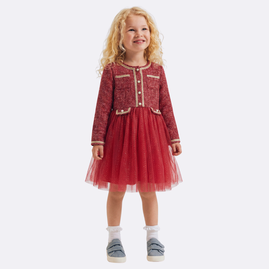 Sunny Fashion Girls Elegant Red Tweed Tulle Party Dress