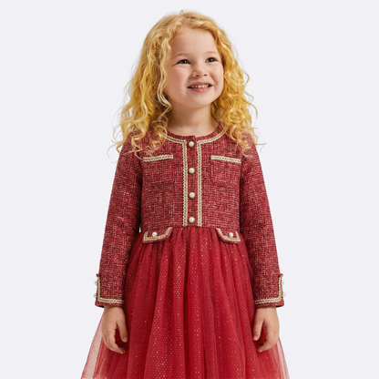Sunny Fashion Girls Elegant Red Tweed Tulle Party Dress