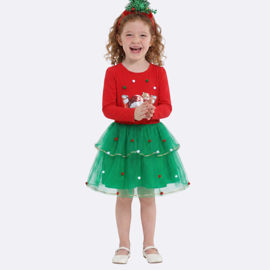 Sunny Fashion Girls Christmas Tree Tulle Dress with Headband