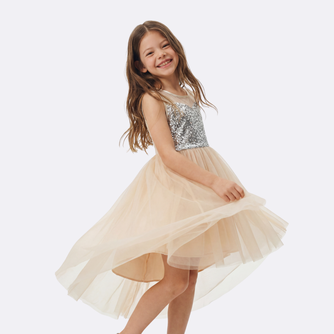 Sunny Fashion Girls Champagne Sequin Hi-Low Tulle Party Dress