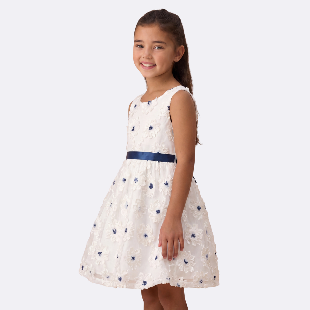Sunny Fashion Girls White Floral Embroidered Tulle Dress with Navy Belt