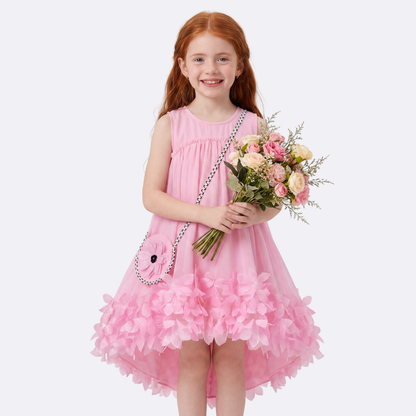 Sunny Fashion Girls Pink 3D Floral Tulle Dress with Crossbody Flower Bag