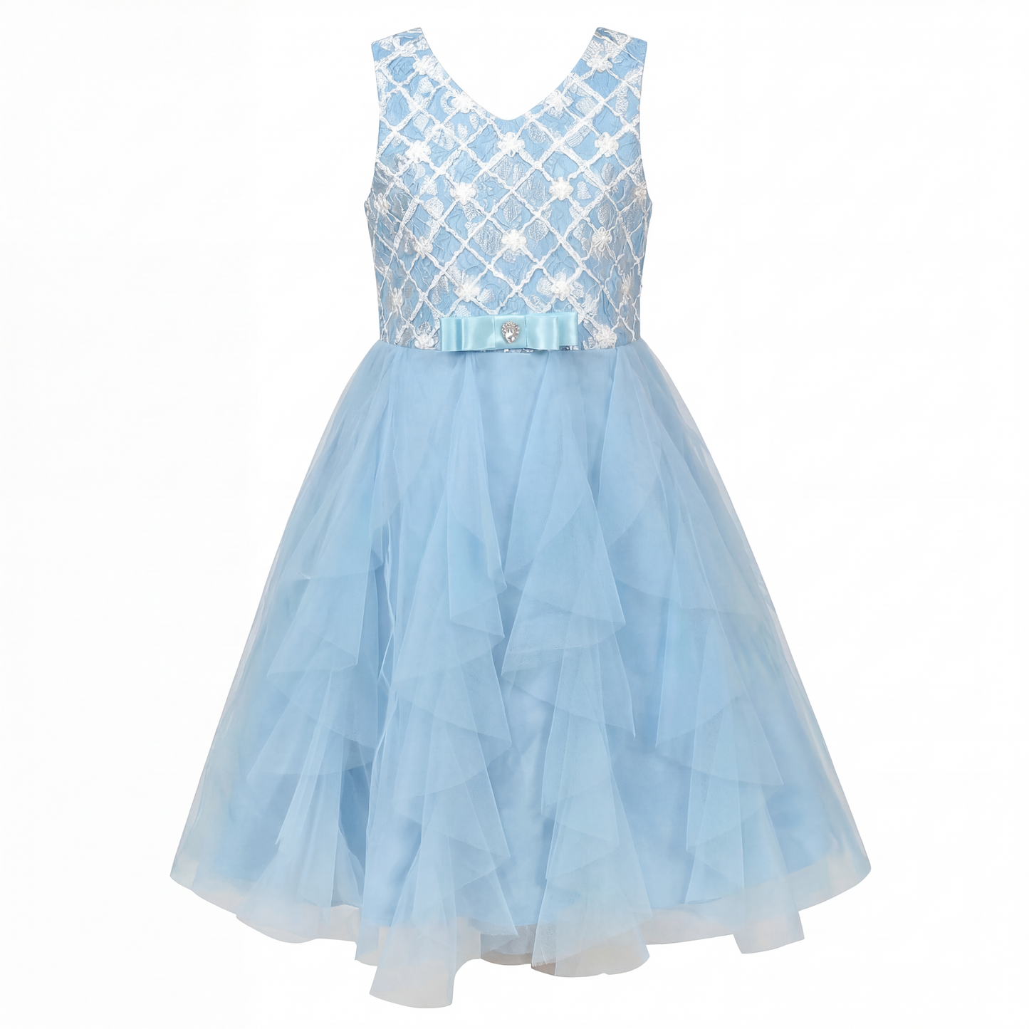 Sunny Fashion Girls Blue Grid Mesh Ruffle Tulle Princess Dress